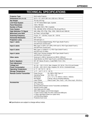 Page 49Accessories
49
Specifications are subject to change without notice.
TECHNICAL SPECIFICATIONS
1.8 TFT Active Matrix type, 3 panels
Multi-media Projector
78.4 lbs (35.5 kg)
22.9 x 10 x 30.9 (581 mm x 252 mm x 783 mm) 
1024 x 768 dots
2,359,296 (1024 x 768 x 3 panels)
PAL, SECAM, NTSC, NTSC4.43, PAL-M and PAL-N
Up, Down, Left and Right
800 TV lines
INT. SP. Stereo (R and L), 3 watt RMS (T.H.D. 10%)
41 ˚F ~ 95 ˚F (5 ˚C ~ 35 ˚C)
14 ˚F ~ 140 ˚F (-10 ˚C ~ 60 ˚C)
User’s Manual
AC Power Cord
Wireless/Wired...
