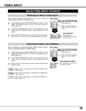 Page 3535
SELECTING INPUT SOURCE
Press MENU button and ON-SCREEN MENU will appear.  Press
POINT LEFT/RIGHT button to move a red frame pointer to
INPUT Menu icon.
Press POINT DOWN button to move a red arrow pointer to Input
3 and then press SELECT button.  Source Select Menu will
appear. 
1
2
Move a pointer to source and
press SELECT button.
Source Select Menu (VIDEO)
Move a pointer to source that you want to select and then press
SELECT button.3
When video input signal is connected to VIDEO jack,
select...