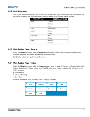 Page 115Section 4: Web User Interface
M Series User Manual4-3020-100009-07 Rev. 1 (07-2012)
4.2.2 Basic Operation
This section discusses the primary tabs located along the top of the application window. Each primary tab also 
has related secondary tabs which are located along the bottom of each tabbed page as follows:
4.2.3 Main Tabbed Page - General
Under the Main tabbed page, select the General secondary tab to view general information about Inputs, 
Channels, Projector Information, Test Pattern, and Color...