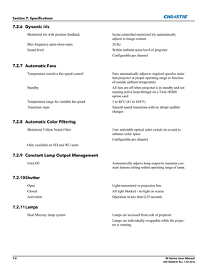 Page 1407-6M Series User Manual020-100009-07 Rev. 1 (07-2012)
Section 7: Specifications
7.2.6 Dynamic Iris 
7.2.7 Automatic Fans
7.2.8 Automatic Color Filtering
7.2.9 Constant Lamp Output Management
7.2.10Shutter 
7.2.11Lamps
Motorized iris with position feedback        Scene controlled motorized iris automatically 
adjusts to image content
Max frequency open-close-open 20 Hz
Sound level Within ambient noise level of projector
Configurable per channel
Temperature sensitive fan speed control Fans automatically...