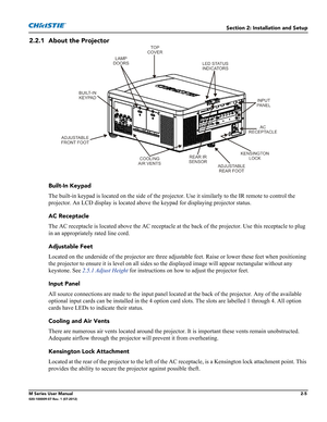 Page 25Section 2: Installation and Setup
M Series User Manual2-5020-100009-07 Rev. 1 (07-2012)
2.2.1 About the Projector
Built-In Keypad
The built-in keypad is located on the side of the projector. Use it similarly to the IR remote to control the 
projector. An LCD display is located above the keypad for displaying projector status.
AC Receptacle
The AC receptacle is located above the AC receptacle at the back of the projector. Use this receptacle to plug 
in an appropriately rated line cord. 
Adjustable Feet...