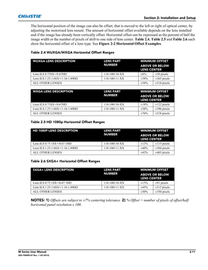 Page 31Section 2: Installation and Setup
M Series User Manual2-11020-100009-07 Rev. 1 (07-2012)
The horizontal position of the image can also be offset; that is moved to the left or right of optical center, by 
adjusting the motorized lens mount. The amount of horizontal offset available depends on the lens installed 
and if the image has already been vertically offset. Horizontal offset can be expressed as the percent of half the 
image width or the number of pixels of shift to one side of lens center. Table...