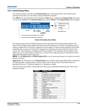 Page 67Section 3: Operation
M Series User Manual3-15020-100009-07 Rev. 1 (07-2012)
3.3.4 Channel Setup Menu
All available channels are listed in the Channel Setup menu, which describes how each channel can be 
accessed and provides access for editing, copying and deleting channels.
Press M
ENU from the presentation level to display the Main menu. To display the Channel Setup menu, press 
3, or move the highlight to the Channel Setup option and press E
NTER. The Channel Setup menu will appear.
The channel setup...