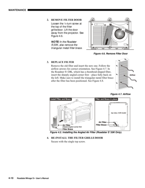 Page 122MAINTENANCE 
4-10 
Roadster/Mirage S+ User’s Manual 
2.  REMOVE FILTER DOOR 
Loosen the ¼-turn screw at 
the top of the filter 
grille/door. Lift the door 
away from the projector. See 
Figure 4.6. 
NOTE: In the Roadster 
S
+20K, also remove the 
triangular metal filter brace. 
 
3. REPLACE FILTER  
Remove the old filter and insert the new one. Follow the 
airflow arrows for correct orientation. See Figure 4.7. In 
the Roadster S+20K, which has a rhomboid-shaped filter, 
insert the sharply angled corner...