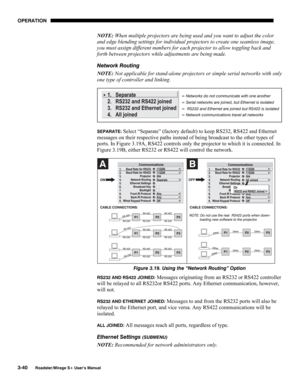 Page 78OPERATION 
3-40 
Roadster/Mirage S+ User’s Manual 
NOTE: When multiple projectors are being used and you want to adjust the color 
and edge blending settings for individual projectors to create one seamless image, 
you must assign different numbers for each projector to allow toggling back and 
forth between projectors while adjustments are being made.  
Network Routing 
NOTE: Not applicable for stand-alone projectors or simple serial networks with only 
one type of controller and linking. 
 
SEPARATE:...