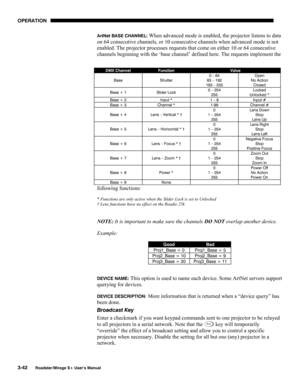 Page 80OPERATION 
3-42 
Roadster/Mirage S+ User’s Manual 
ArtNet BASE CHANNEL: When advanced mode is enabled, the projector listens to data 
on 64 consecutive channels, or 10 consecutive channels when advanced mode is not 
enabled. The projector processes requests that come on either 10 or 64 consecutive 
channels beginning with the ‘base channel’ defined here. The requests implement the 
following functions:  
* Functions are only active when the Slider Lock is set to Unlocked 
† Lens functions have no effect...