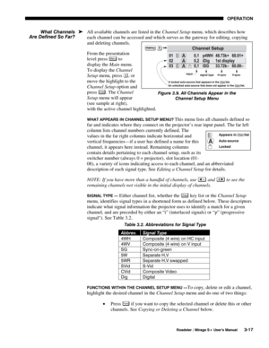 Page 51OPERATION 
  Roadster / Mirage S+ User’s Manual 3-17 
All available channels are listed in the Channel Setup menu, which describes how 
each channel can be accessed and which serves as the gateway for editing, copying 
and deleting channels. 
From the presentation 
level press 
Menu to 
display the Main menu. 
To display the Channel 
Setup menu, press 
, or 
move the highlight to the 
Channel Setup option and 
press 
Enter. The Channel 
Setup menu will appear 
(see sample at right), 
with the active...