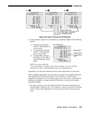 Page 89OPERATION 
  Roadster / Mirage S+ User’s Manual 3-55 
 
Figure 3.28. Copy X/Y Values into All Projectors 
6.  In each projector, judge by eye and adjust x/y coordinates slightly in the following 
manner: 
