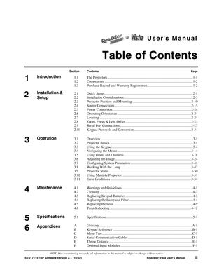 Page 1Users Manual
Table of Contents
54-017115-13P Software Version 2.1 (10/02)Roadster/Vista Users Manualiii
Section ContentsPage
1.1 The Projectors ...................................................................................................1-1
1.2 Components ......................................................................................................1-2
1.3 Purchase Record and Warranty Registration.....................................................1-2
2.1 Quick...