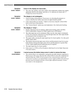 Page 115MAINTENANCE
4-16
Roadster/Vista User’s Manual
Colors in the display are inaccurate…
1. The color, tint, gamma, color space and/or color temperature settings may require
adjustment. Review all settings, and refer to 3.6, Adjusting the Image and 3.7,
Configuring System Parameters.
The display is not rectangular…
1. Check leveling of the projector. If necessary, try relocating the projector or
screen so that the lens surface and screen are approximately parallel
2. Is the vertical offset set correctly ?...