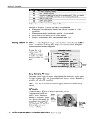 Page 72Section 3: Operation 
3-46   
  User’s Manual      
 Signal Type Description (Input Location) 
#1  5 BNCs (RGBHV or YPbPr) 
#2  DVI - I (analog or digital) 
#3  Decoded signals (Input 3, Input 4, Composite video, S-Video, or any video 
signal via  Input 1 BNC connectors or via an analog option card). 
#4  Analog Option Cards 
#5  Digital Option Cards 
#6  Digital Option Cards 
* HD interlaced sources are not recommended for the PIP window. 
Other PIP or Seamless Switching tips to keep in mind include: 
•...