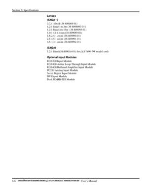 Page 112Section 6: Specifications 
6-6   
  User’s Manual      
Lenses  
(SXGA+) 
0.73:1 fixed (38-809088-01) 
1.2:1 fixed 1m-3m (38-8098093-01) 
1.2:1 fixed 3m-15m  (38-809095-01) 
1.45-1.8:1 zoom (38-809089-01) 
1.8-2.5:1 zoom (38-809090-01) 
2.5-4.5:1 zoom (38-809091-01) 
4.5-7.3:1 zoom (38-809092-01) 
(SXGA)  
1.2:1 fixed (38-809016-01) for DLV1400-DX models only 
Optional Input Modules 
RGB500 Input Module 
RGB400 Active Loop-Through Input Module 
RGB400 Buffered Amplifier Input Module 
PC250 Analog Input...