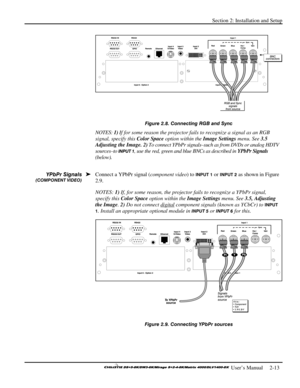 Page 19Section 2: Installation and Setup 
 
  
 User’s Manual     2-13. 
 
Figure 2.8. Connecting RGB and Sync  
NOTES: 1) If for some reason the projector fails to recognize a signal as an RGB 
signal, specify this Color Space option within the Image Settings menu. See 3.5 
Adjusting the Image. 2) To connect YPbPr signals–such as from DVDs or analog HDTV 
sources–to 
INPUT 1, use the red, green and blue BNCs as described in YPbPr Signals 
(below). 
 
Connect a YPbPr signal (component video) to INPUT 1 or INPUT...