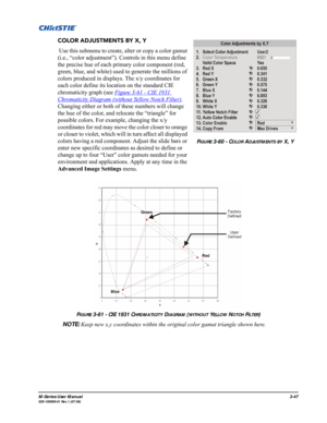 Page 91M-Series User Manual3-47020-100009-01 Rev.1 (07/08)
COLOR ADJUSTMENTS BY X, Y 
 Use this submenu to create, alter or copy a color gamut 
(i.e., “color adjustment”). Controls in this menu define 
the precise hue of each primary color component (red, 
green, blue, and white) used to generate the millions of 
colors produced in displays. The x/y coordinates for 
each color define its location on the standard CIE 
chromaticity graph (see Figure 3-61 - CIE 1931 
Chromaticity Diagram (without Yellow Notch...