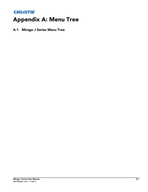 Page 17Mirage J Series User ManualA-1020-100708-01  Rev. 1  (11-2011)
Appendix A: Menu Tree
A.1 Mirage J Series Menu Tree 