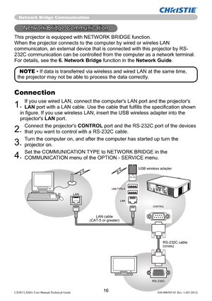 Page 1816LX501/LX601i User Manual-Technical Guide 020-000503-01 Rev. 1 (03-2012)
This projector is equipped with NETWORK BRIDGE function.
When the projector connects to the computer by wired or wireles LAN 
communicaton, an external device that is connected with this projector by RS-
232C communication can be controlled from the computer as a network terminal.
For details, see the 6. Network Bridge function in the Network Guide.
Network Bridge Communication 
LAN
LAN cable 
(CAT-5 or greater)
RS-232C
RS-232C...