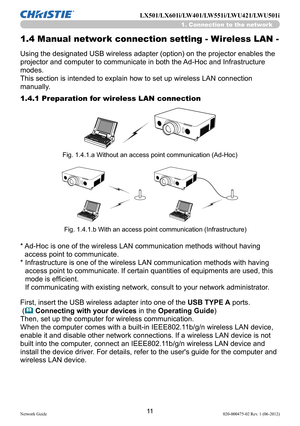 Page 1311Network Guide020-000475-02 Rev. 1 (06-2012)
LX501/LX601i/LW401/LW551i/LWU421/LWU501i
1. Connection to the network
1.4 Manual network connection setting - Wireless LAN -
Using the designated USB wireless adapter (option) on the projector enables the 
projector and computer to communicate in both the Ad-Hoc and Infrastructure 
modes.
This section is intended to explain how to set up wireless LAN connection 
manually.
1.4.1 Preparation for wireless LAN connection
*   Ad-Hoc is one of the wireless LAN...