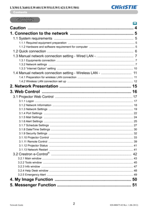 Page 42Network Guide020-000475-02 Rev. 1 (06-2012)
LX501/LX601i/LW401/LW551i/LWU421/LWU501i
Contents
Contents
&
Caution  ........................................................................\
..................  4
1. Connection to the network   ......................................................  5
1.1 System requirements  ........................................................................\
.........  5
1.1.1 Required equipment preparation...