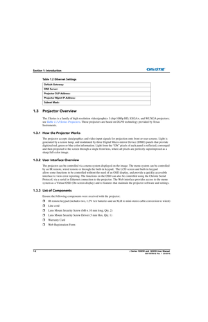 Page 121-2J Series 1000W and 1200W User Manual020-100706-02  Rev. 1   (03-2014)
Section 1: Introduction
1.3 Projector Overview
The J Series is a family of high resolution video/graphics 3 chip 1080p HD, SXGA+, and WUXGA projectors; 
see  Table 1.3 J Series Projectors . These projectors are based on DLP® technology provided by Texas 
Instruments. 
1.3.1 How the Projector Works
The projector accepts data/graphics an d video input signals for projection onto front or rear screens. Light is 
generated by a xenon...