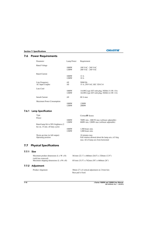 Page 1507-10J Series 1000W and 1200W User Manual020-100706-02  Rev. 1   (03-2014)
Section 7: Specifications
7.6 Power Requirements
7.6.1 Lamp Specification
7.7 Physical Specifications
7.7.1 Size
7.7.2 Adjustment
Parameter Lamp Power Requirement
Rated Voltage 1000W 100 VAC - 240 VAC
1200W 200 VAC - 240 VAC
Rated Current 1000W 12 A
1200W 10 A
Line Frequency All50/60 Hz
AC Input Coupler All15 A, 250 VAC, IEC 320-C14
Line Cord 1000W 14AWG type SJT with plug, NEMA 5-15P, 15A
1200W 16AWG type SJT with plug, NEMA...