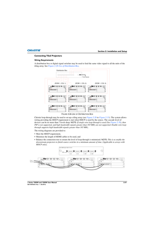 Page 47Section 2: Installation and Setup
J Series 1000W and 1200W User Manual2-31020-100706-02  Rev. 1   (03-2014)
Connecting Tiled Projectors
Wiring Requirements
A distribution box or digital signal switcher may be used to feed the same video signal to all the units of the 
tiling array. See  Figure 2-26 Use of Distribution Box . 
FIGURE 2-26 USE OF DISTRIBUTION BOX
Christie loop-through may be used to set up a tiling array (see Figure 2-26 to Figure 2-31 ). The system allows 
wiring providing the HDCP...