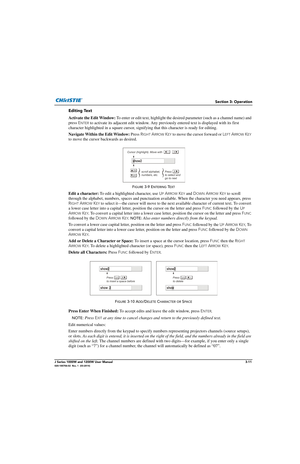 Page 61Section 3: Operation
J Series 1000W and 1200W User Manual3-11020-100706-02  Rev. 1  (03-2014)
Editing Text
Activate the Edit Window: To enter or edit text, highlight the desi red parameter (such as a channel name) and 
press  E
NTER to activate its adjacent edit window. Any previously entered text is di splayed with its first 
character highlighted in  a square cursor, signifying that  this character is ready for editing.
Navigate Within the Edit Window:  Press R
IGHT ARROW KEY to move the cursor forward...