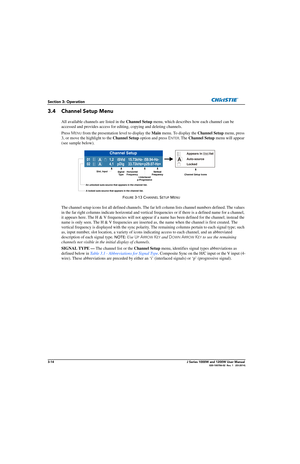 Page 643-14J Series 1000W and 1200W User Manual020-100706-02  Rev. 1   (03-2014)
Section 3: Operation
3.4 Channel Setup Menu
All available channels are listed in the Channel Setup menu, which describes how each channel can be 
accessed and provides access for editing,  copying and deleting channels.
Press  M
ENU from the presentation level to display the  Main menu. To display the  Channel Setup menu, press 
3, or move the highlight to the Channel Setup  option and press E
NTER. The Channel Setup  menu will...