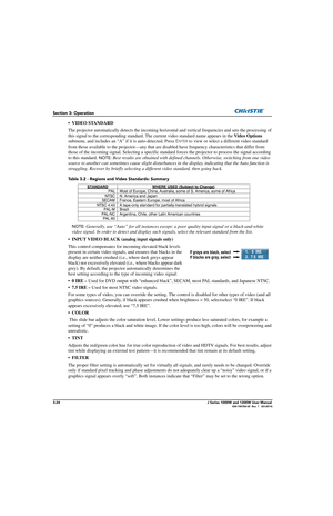 Page 743-24J Series 1000W and 1200W User Manual020-100706-02  Rev. 1   (03-2014)
Section 3: Operation
• VIDEO STANDARD 
The projector automatically detects the incoming horizontal and vertical frequencies and sets the processing of 
this signal to the corresponding standard. Th e current video standard name appears in the  Video Options 
submenu, and includes an “A” if it is auto-detected. Press  E
NTER to view or select a different video standard 
from those available to the projector— any that are disabled...