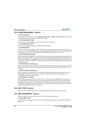 Page 843-34J Series 1000W and 1200W User Manual020-100706-02  Rev. 1   (03-2014)
Section 3: Operation
3.8.4 POWER MANAGEMENT - Submenu
•LCD BACKLIGHT 
The backlight for the LCD has 3 states.  Always On, Always Off , or Timer . The backlight will turn on again 
when any key on the LCD is pressed or if an alarm is raised.
• LCD BACKLIGHT TIMER  
Set how long the LCD backlight stays  on (in seconds) when in timer mode. 
• LCD BACKLIGHT LEVEL  
Sets the LCD backlight brightn ess level. Maximum 25/Minimum 0.
• AUTO...