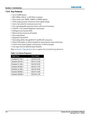 Page 121-4J Series 2.0, 2.4, and 3.0kW User Manual020-100707-01 Rev. 1   (10-2011)
Section 1: Introduction
1.3.4 Key Features
• Up to 22,000 lumens
• HD (1080p), SXGA+ or WUXGA resolution
• Xenon lamp with 1900W, 2400W or 3000W options
• 10-bit image processor electronics with modular design
• Active fan control for minimum noise level
• User interchangeable projection lenses with no-tool mounting
• LiteLOC for constant brightness maintenance
• Intelligent Lens System (ILS) 
• Motorized lens mount for all...