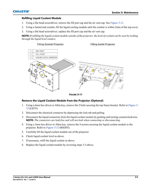 Page 137Section 5: Maintenance
J Series 2.0, 2.4, and 3.0kW User Manual5-9020-100707-01  Rev. 1  (10-2011)
Refilling Liquid Coolant Module
1. Using a flat head screwdriver, remove the fill port cap and the air vent cap. See Figure 5-11.
2. Using a funnel and coolant, fill the liquid cooling module until the coolant is within 2mm of the top cover.
3. Using a flat head screwdriver, replace the fill port cap and the air vent cap.
NOTE: If refilling the liquid coolant module outside of the projector, the level of...