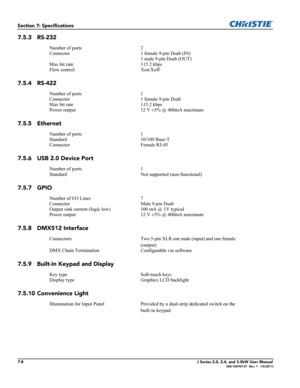 Page 1567-8J Series 2.0, 2.4, and 3.0kW User Manual020-100707-01  Rev. 1   (10-2011)
Section 7: Specifications
7.5.3 RS-232
7.5.4 RS-422
7.5.5 Ethernet
7.5.6 USB 2.0 Device Port 
7.5.7 GPIO
7.5.8 DMX512 Interface
7.5.9 Built-In Keypad and Display
7.5.10 Convenience Light
Number of ports 2
Connector 1 female 9-pin Dsub (IN)
1 male 9-pin Dsub (OUT)
Max bit rate 115.2 kbps
Flow control Xon/Xoff
Number of ports 1
Connector 1 female 9-pin Dsub
Max bit rate 115.2 kbps
Power output 12 V ±5% @ 400mA maximum
Number of...