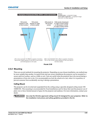 Page 39Section 2: Installation and Setup
J Series 2.0, 2.4, and 3.0kW User Manual2-25020-100707-01  Rev. 1   (10-2011)
FIGURE 2-30 
2.3.2 Mounting
There are several methods for mounting the projector. Depending on your chosen installation, one method may 
be more suitable than another. In typical front and rear screen installations the projector can be mounted to a 
secure and level surface, such as a table or cart. Carts are useful when the projector has to be moved during a 
presentation or from site to site....