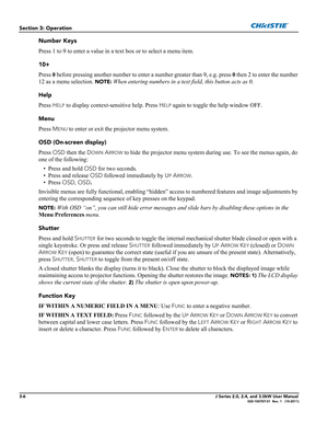 Page 623-6J Series 2.0, 2.4, and 3.0kW User Manual020-100707-01  Rev. 1   (10-2011)
Section 3: Operation
Number Keys
Press 1 to 9 to enter a value in a text box or to select a menu item.
10+ 
Press 0 before pressing another number to enter a number greater than 9, e.g. press 0 then 2 to enter the number 
12 as a menu selection. 
NOTE: When entering numbers in a text field, this button acts as 0.
Help
Press H
ELP to display context-sensitive help. Press HELP again to toggle the help window OFF.
Menu
Press M
ENU...