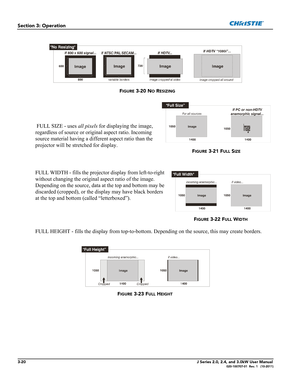 Page 763-20J Series 2.0, 2.4, and 3.0kW User Manual020-100707-01  Rev. 1   (10-2011)
Section 3: Operation
 FULL SIZE - uses all pixels for displaying the image, 
regardless of source or original aspect ratio. Incoming 
source material having a different aspect ratio than the 
projector will be stretched for display. 
FULL WIDTH - fills the projector display from left-to-right 
without changing the original aspect ratio of the image. 
Depending on the source, data at the top and bottom may be 
discarded...