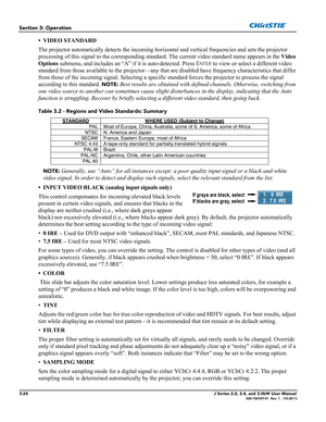 Page 803-24J Series 2.0, 2.4, and 3.0kW User Manual020-100707-01  Rev. 1   (10-2011)
Section 3: Operation
• VIDEO STANDARD 
The projector automatically detects the incoming horizontal and vertical frequencies and sets the projector 
processing of this signal to the corresponding standard. The current video standard name appears in the Video 
Options submenu, and includes an “A” if it is auto-detected. Press E
NTER to view or select a different video 
standard from those available to the projector—any that are...