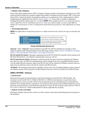 Page 923-36J Series 2.0, 2.4, and 3.0kW User Manual020-100707-01  Rev. 1   (10-2011)
Section 3: Operation
• PROJECTOR ADDRESS
Enter a three-digit number (such as “001”) to assign or change a number to the projector currently in use. If the 
current projector already has a number assigned, that number will appear here (for example “004” in the menu 
shown below. Numerical identity for projectors enables you to communicate with a single projector within a 
multiple-projector application (see also P
ROJ key in,...