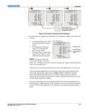 Page 111 Operation 
Roadster, Matrix WU, Mirage S+/HD/WU User Manual 3-67 020-100002-05 Rev. 1 (02-2010) 
 
Figure 3.29. Copy X/Y Values into All Projectors 
6. In each projector, judge by eye and adjust x/y coordinates slightly in the following 
manner: 
 To match reds, decrease “Red 
X” until full field red screens 
match. 
 To match greens, decrease 
“Green Y” until full field 
green screens match. 
 To match blues, increase both 
“Blue X” and “Blue Y” until 
full field blue screens match. 
NOTE: For...