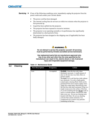 Page 129 Maintenance 
Roadster, Matrix WU, Mirage S+/HD/WU User Manual 4-5 020-100002-05 Rev. 1 (02-2010)  
If any of the following conditions exist, immediately unplug the projector from the 
power outlet and contact your Christie dealer. 
 The power cord has been damaged. 
 The internal cooling fans do not turn on within two minutes when the projector is 
first powered up.  
 Liquid has been spilled into the projector. 
 The projector has been exposed to excessive moisture. 
 The projector is not...