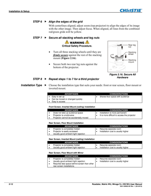 Page 22Installation & Setup  
2-12 Roadster, Matrix WU, Mirage S+/HD/WU User Manual   020-100002-05 Rev. 1 (02-2010)   
Align the edges of the grid 
With centerlines aligned, adjust zoom (top projector) to align the edges of its image 
with the other image. Then adjust focus. When aligned, all lines from the combined 
red/green grids will be yellow. 
Secure all stacking wheels and leg nuts 
 WARNING  
Critical Safety Procedure. 
 Turn all three stacking wheels until they are 
firmly secure
 against the rest of...