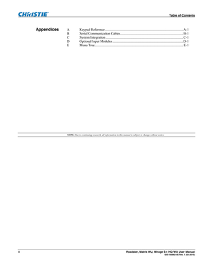 Page 6 Table of Contents 
ii Roadster, Matrix WU, Mirage S+/HD/WU User Manual  020-100002-05 Rev. 1 (02-2010) 
 
A   Keypad Reference ............................................................................................ A-1 
B   Serial Communication Cables ..........................................................................  B-1 
C   System Integration ........................................................................................... C-1 
D   Optional Input Modules...