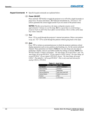 Page 52Operation  
3-8 Roadster, Matrix WU, Mirage S+/HD/WU User Manual  020-100002-05 Rev. 1 (02-2010)   
Specific keypad commands are explained below: 
Power ON/OFF 
Press and hold 
 briefly to toggle the projector on or off with a single keystroke or 
press twice. Or press and release 
 followed immediately by  (on) or  
(off) to guarantee the correct toggle (useful if you are unsure of the present state). 
NOTES: 1) After powering down, the lamp cooling fan remains on for 
approximately 5 minutes to cool...