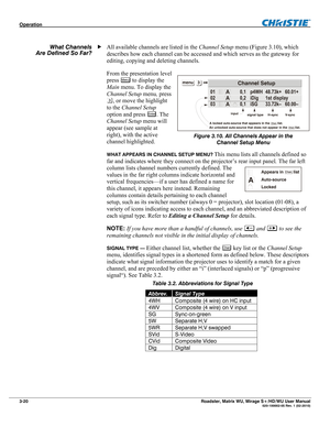 Page 64Operation  
3-20 Roadster, Matrix WU, Mirage S+/HD/WU User Manual  020-100002-05 Rev. 1 (02-2010)   
All available channels are listed in the Channel Setup menu (Figure 3.10), which 
describes how each channel can be accessed and which serves as the gateway for 
editing, copying and deleting channels. 
From the presentation level 
press 
Menu to display the 
Main menu. To display the 
Channel Setup menu, press 
, or move the highlight 
to the Channel Setup 
option and press 
Enter. The 
Channel Setup...