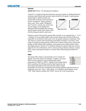 Page 73 Operation 
Roadster, Matrix WU, Mirage S+/HD/WU User Manual 3-29 020-100002-05 Rev. 1 (02-2010) 
Gamma 
(
SHORT CUT: Press Gam m a and adjust the slidebar.) 
“Gamma” is a global setting that determines what gray shades are displayed between 
minimum input (black) and maximum input (white) for all signals. A good gamma 
setting helps to optimize blacks and 
whites while ensuring smooth transitions 
for the “in-between” values utilized in 
other colors. Thus, unlike “Brightness” 
and “Contrast” controls,...