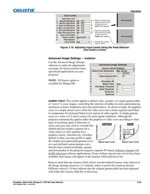 Page 79 Operation 
Roadster, Matrix WU, Mirage S+/HD/WU User Manual 3-35 020-100002-05 Rev. 1 (02-2010) 
 
Figure 3.16. Adjusting Input Levels Using the Peak Detector 
(RED EXAMPLE SHOWN) 
 
Advanced Image Settings 
— SUBMENU 
Use the Advanced Image Settings 
submenu to make the adjustments 
necessary for lesser-used but more 
specialized applications on your 
projector. 
NOTE: 3D Source option is 
available for Mirage HD. 
 
 
GAMMA TABLE: This control applies a default video, graphics or simple gamma table...