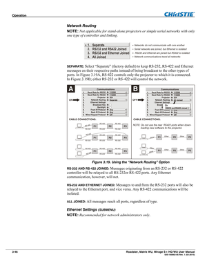 Page 90Operation  
3-46 Roadster, Matrix WU, Mirage S+/HD/WU User Manual  020-100002-05 Rev. 1 (02-2010) 
Network Routing 
NOTE: Not applicable for stand-alone projectors or simple serial networks with only 
one type of controller and linking. 
Separate
RS232 and RS422 Joined
Ethernet Joined
All Joined RS232 and  1.
2.
3.
4.
 
SEPARATE: Select “Separate” (factory default) to keep RS-232, RS-422 and Ethernet 
messages on their respective paths instead of being broadcast to the other types of 
ports. In Figure...