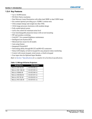 Page 121-4Mirage M Series User Manual020-100575-02 Rev. 1   (11-2010)
Section 1: Introduction
1.3.4 Key Features
• Up to 10,500 lumens
• WUXGA Native resolution
• Dual Mercury Lamp illumination with either dual 200W or dual 350W lamps
• Iris contrast aperture providing up to 10,000:1 contrast ratio
• Ultra-compact design and weighs less than 55lbs
• 10-bit image processor electronics with modular design
• Fully sealed optical system 
• Active fan control for minimum noise level
• User interchangeable projection...