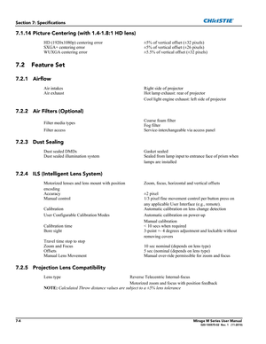 Page 1327-4Mirage M Series User Manual020-100575-02  Rev. 1   (11-2010)
Section 7: Specifications
7.1.14 Picture Centering (with 1.4-1.8:1 HD lens)
7.2 Feature Set
7.2.1 Airflow 
7.2.2 Air Filters (Optional)
7.2.3 Dust Sealing
7.2.4 ILS (Intelligent Lens System)
7.2.5 Projection Lens Compatibility
HD (1920x1080p) centering error ±5% of vertical offset (±32 pixels)
SXGA+ centering error ±5% of vertical offset (±26 pixels)
WUXGA centering error ±5.5% of vertical offset (±32 pixels)
Air intakes                Right...