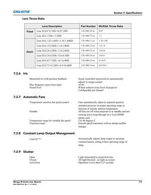 Page 133Section 7: Specifications
Mirage M Series User Manual7-5020-100575-02  Rev. 1  (11-2010)
Lens Throw Ratio
7.2.6 Iris 
7.2.7 Automatic Fans
7.2.8 Constant Lamp Output Management
7.2.9 Shutter 
Lens DescriptionPart NumberWUXGA Throw Ratio
FixedLens ILS 0.73:1SX+/0.67:1HD118-100110-xx 0.67
Lens ILS 1.2SX+/1.1HD 118-100117-xx 1.1
ZoomLens ILS 1.25-1.6SX+/1.16-1.49HD
118-100111-xx 1.16-1.49
Lens ILS 1.5-2.0SX+/1.4-1.8HD118-100112-xx 1.4-1.8
Lens ILS 2.0-2.8SX+/1.8-2.6HD118-100113-xx 1.8-2.6
Lens ILS...