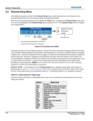 Page 523-14Mirage M Series User Manual020-100575-02  Rev. 1   (11-2010)
Section 3: Operation
3.4 Channel Setup Menu
All available channels are listed in the Channel Setup menu, which describes how each channel can be 
accessed and provides access for editing, copying and deleting channels.
Press M
ENU from the presentation level to display the Main menu. To display the Channel Setup menu, press 
3, or move the highlight to the Channel Setup option and press E
NTER. The Channel Setup menu will appear 
(see...